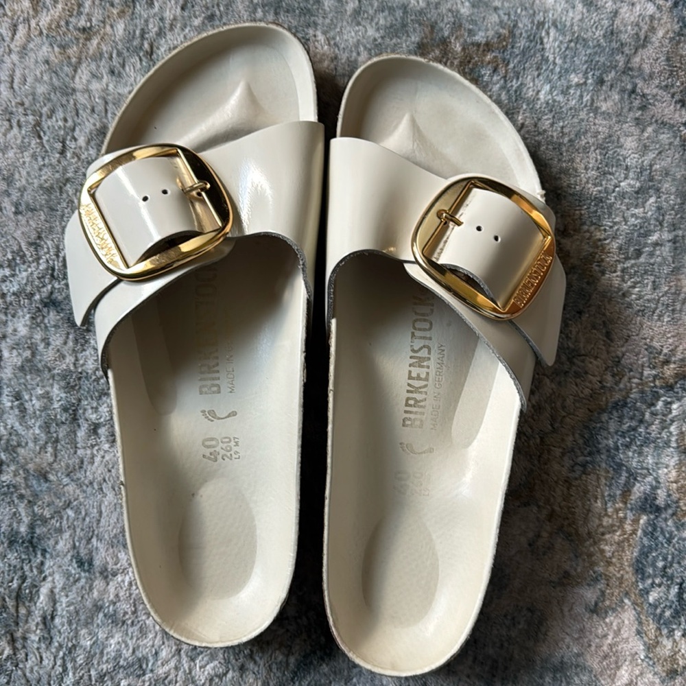Birkenstock White Patent Madrid Sandals with Gold Buckles